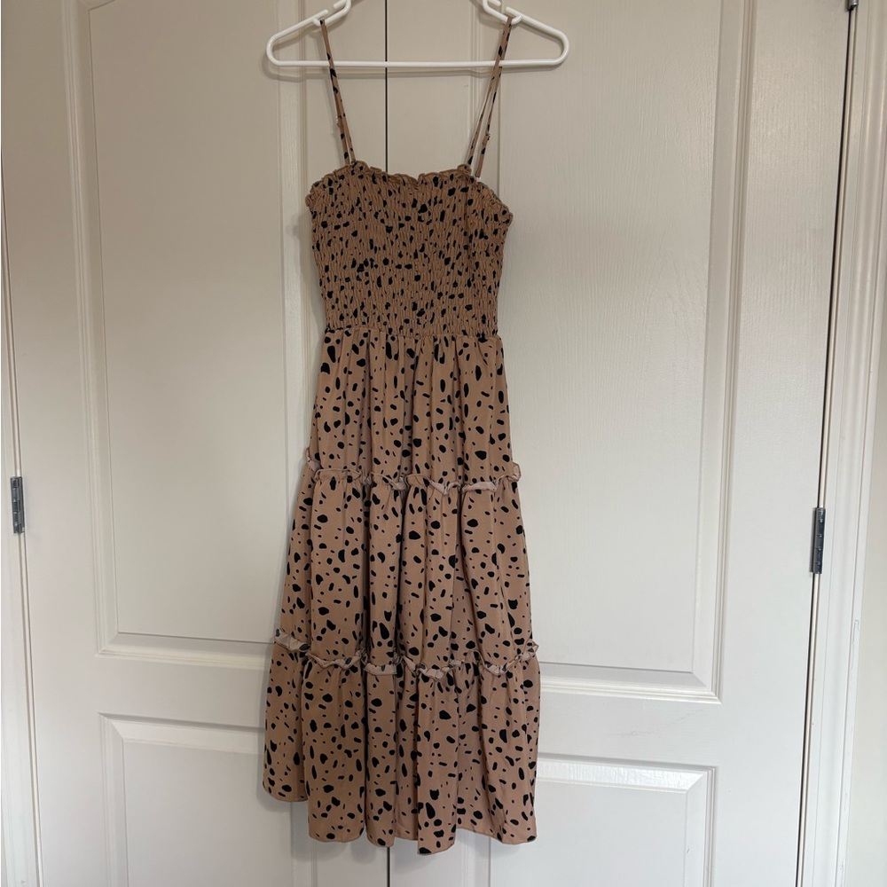 Striped Spot Smocked Midi Dress in Taupe